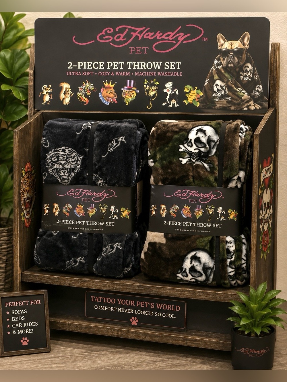 Ed Hardy Black & Green Skull and Tiger Pet Throw Set 2 blankets